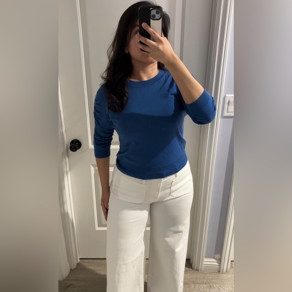 Veronica Beard Kase Wool Cropped Blue Ruched Sleeve Sweater, Size: Small - Picture 1 of 8